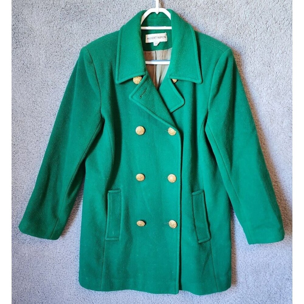 Vtg‎ 70s Albert Nipon Double Breasted Button Up Jacket 100% Wool Kelly Green XL